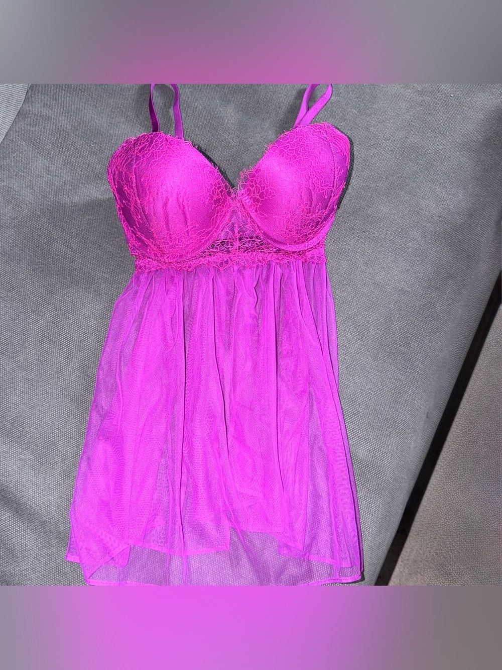 Victoria’s Secret Neon Pink Lace Push Up Babydoll Nightie. Sz 36D.